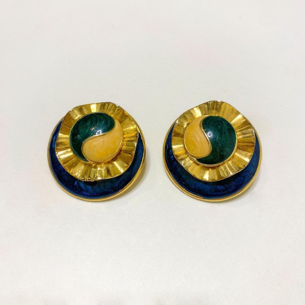 Vintage, gold, green, and blue enamel post earrings.